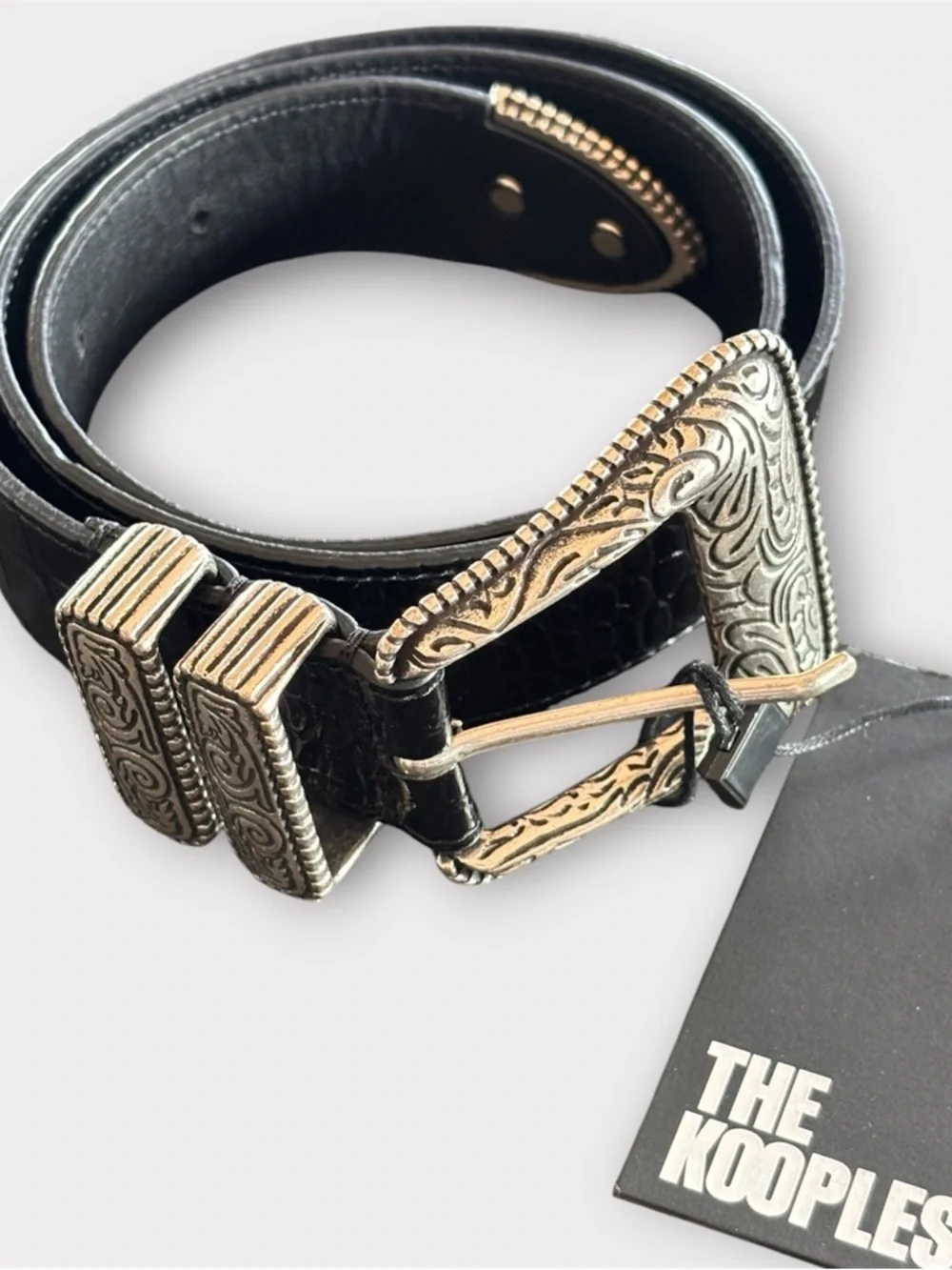 THE KOOPLES French Luxury Black Croc-Embossed Belt with Engraved Silver Buckle